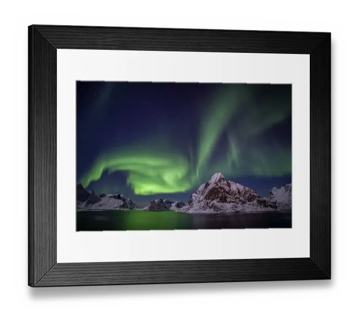 Framed Print : Green northern lights reflected in fjord