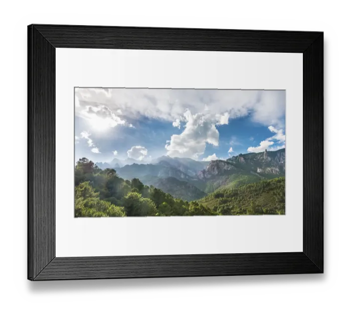 Framed Print : Rocky landscape with pines and cloudy sky
