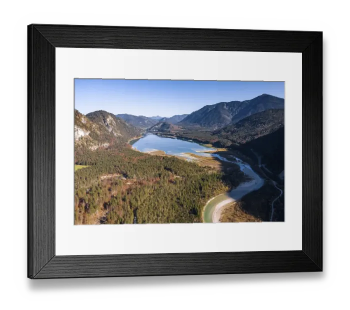 Framed Print : Aerial view, natural riverbed of the upper Isar in front of the Sylvenstein reservoir