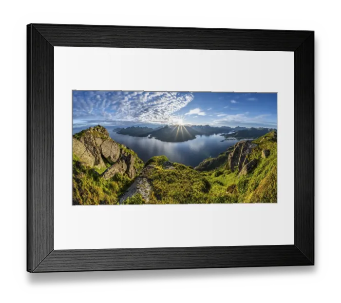 Framed Print : Panorama, sun shining on Fjord Raftsund and mountains