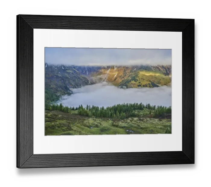 Framed Print : Fogg and clouds in the Mountains in early fall at Hochalpenstrasse Framed Print : Fogg and clouds in the Mountains in early fall at Hochalpenstrasse