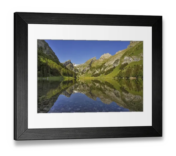 Framed Print : Mountains are reflected in the Seealpsee Framed Print : Mountains are reflected in the Seealpsee
