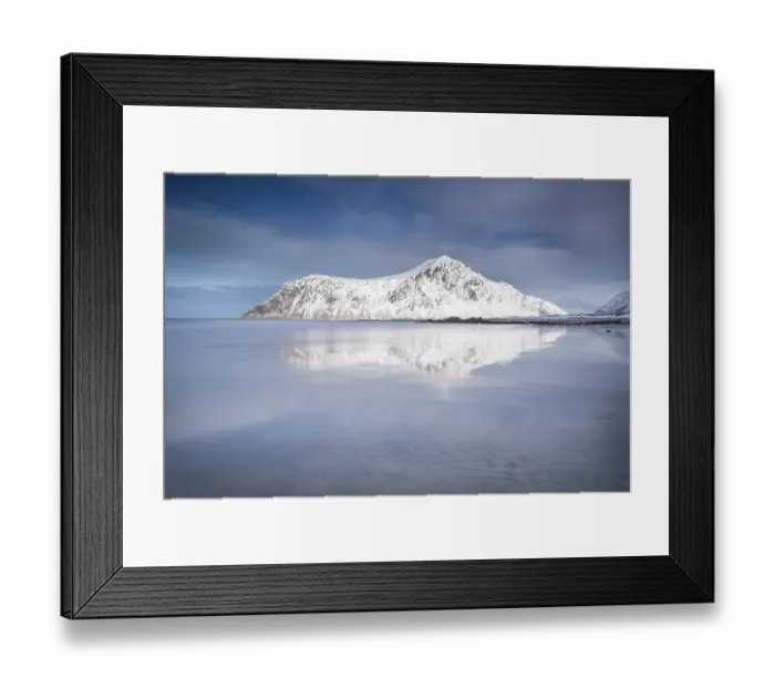 Framed Print : Snowy mountains, Skagsanden, Flakstad