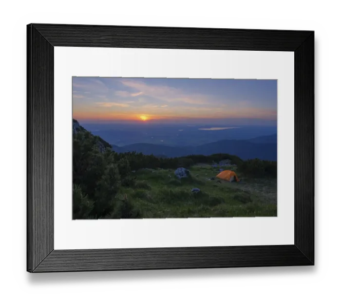 Framed Print : Camping on a mountain meadow in the evening light