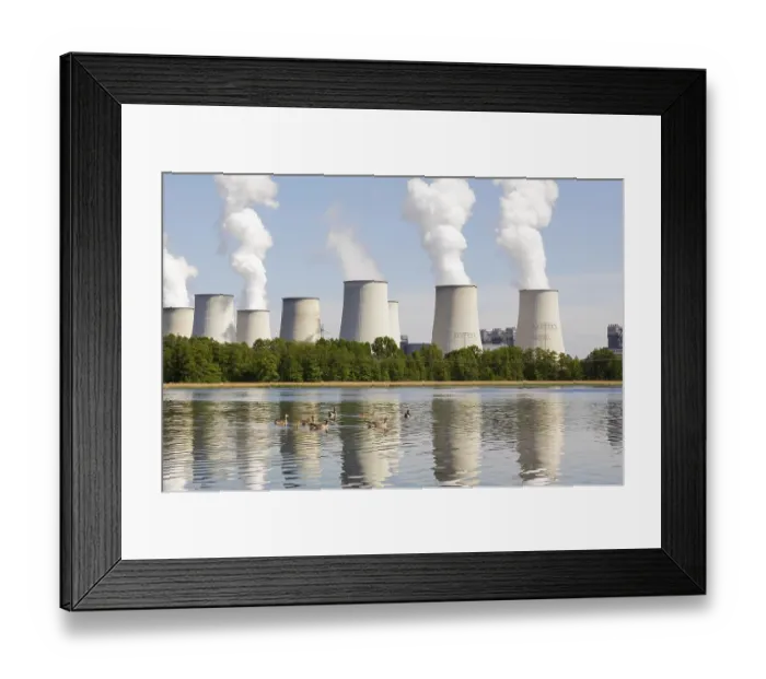 Framed Print : Cooling towers viewed across Halterteich