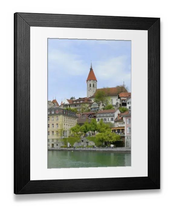 Framed Print : Aare River quay, town church at back