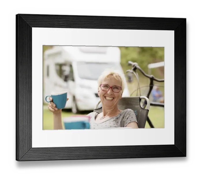 Framed Print : Holidaymaker, camper in front of motorhome with cup in hand Framed Print : Holidaymaker, camper in front of motorhome with cup in hand