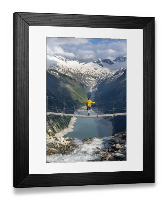 Framed Print : Mountaineers on a suspension bridge over a mountain stream Alelebach Framed Print : Mountaineers on a suspension bridge over a mountain stream Alelebach