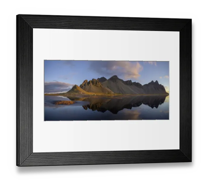 Framed Print : Sunrise, water reflection, Klifatindur with Vestrahorn Framed Print : Sunrise, water reflection, Klifatindur with Vestrahorn
