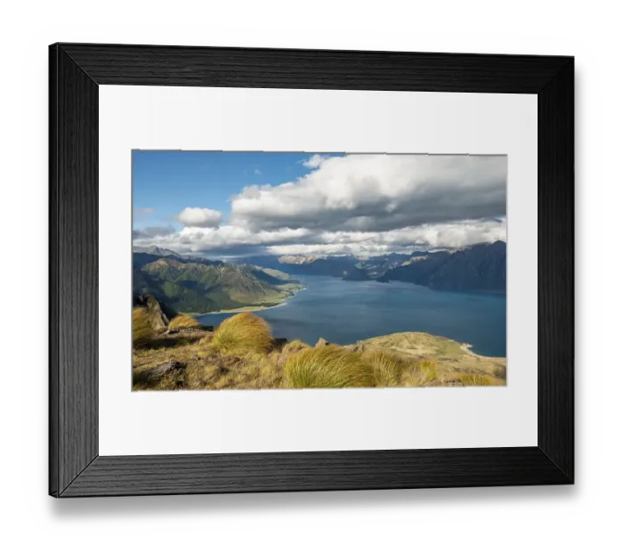 Framed Print : View of Lake Hawea, lake and mountain landscape