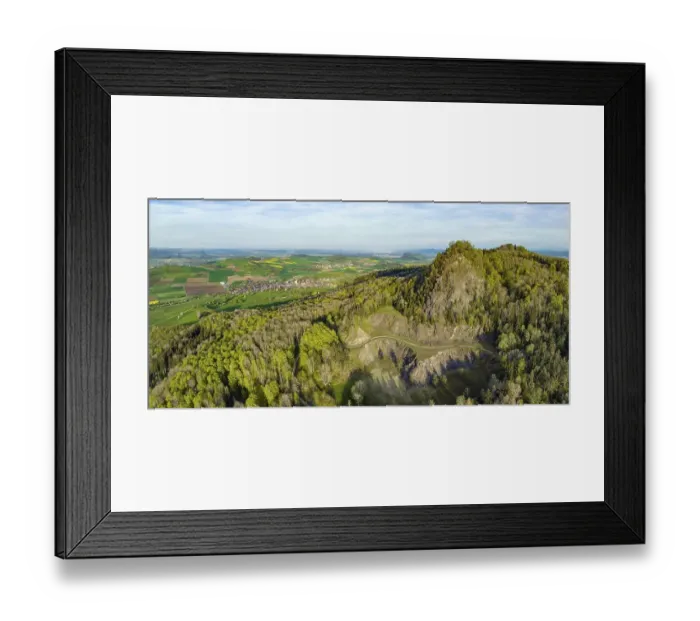 Framed Print : Aerial panorama of the former basalt quarry at the Hegau volcano Hohenstoffeln
