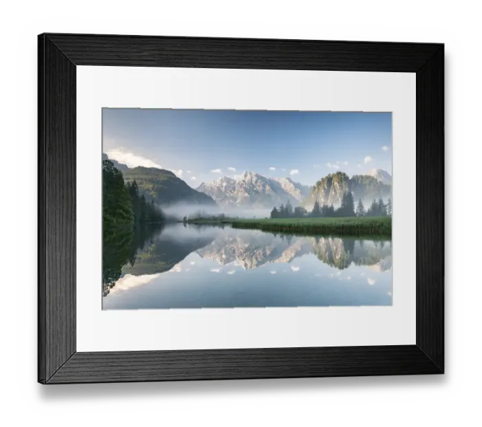 Framed Print : Alpine lake with reflection, fog atmosphere Framed Print : Alpine lake with reflection, fog atmosphere