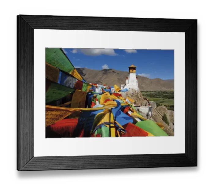 Framed Print : Prayer flags flying above the Yarlung valley on Yumbulagang Palace Framed Print : Prayer flags flying above the Yarlung valley on Yumbulagang Palace