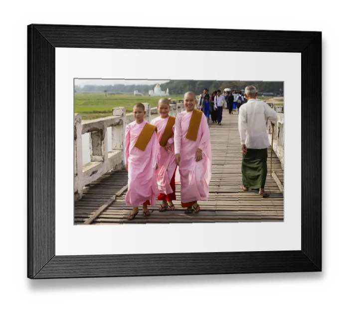 Framed Print : Nuns on U-Bein Bridge, the longest Teak-Wood Bridge in the world