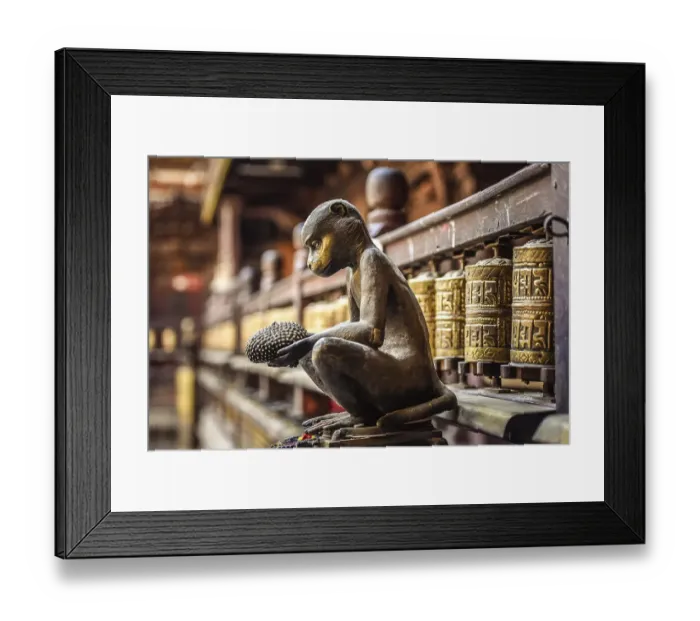 Framed Print : Buddhist Prayer Wheels, Monkey