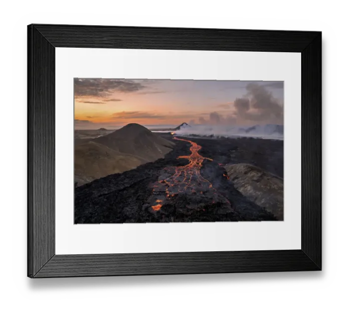 Framed Print : Drone image of a volcanic eruption in the evening light in Grindavik