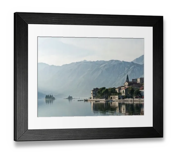 Framed Print : Perast traditional balkan village mountain landscape by kotor bay in montenegro Framed Print : Perast traditional balkan village mountain landscape by kotor bay in montenegro