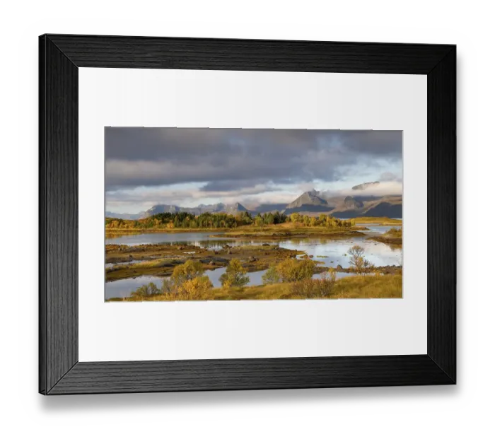 Framed Print : Autumn landscape, fjords with mountains in the background Framed Print : Autumn landscape, fjords with mountains in the background
