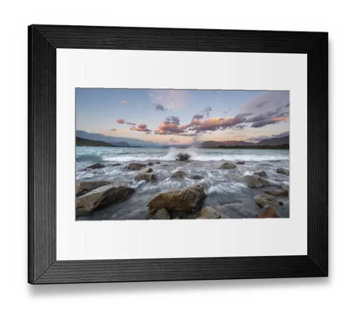 Framed Print : Stones on shore, lake with sunset swell Framed Print : Stones on shore, lake with sunset swell