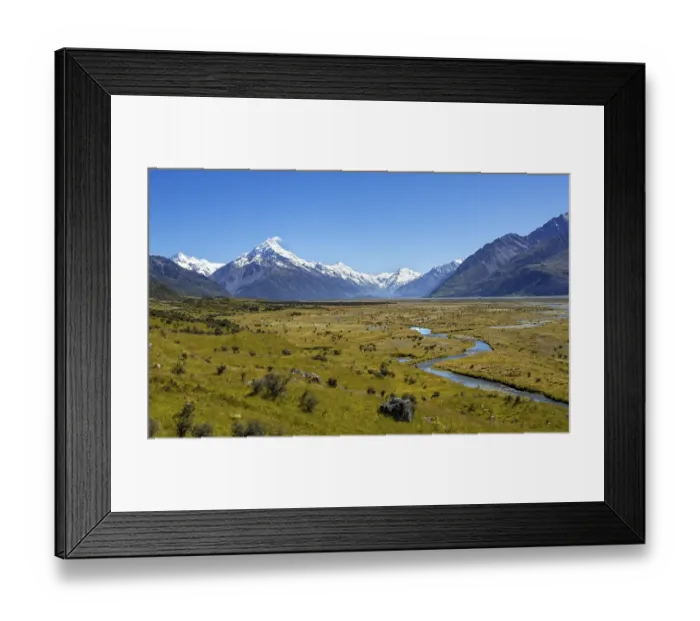 Framed Print : View of Mount Cook and snow covered mountains with Tasman River