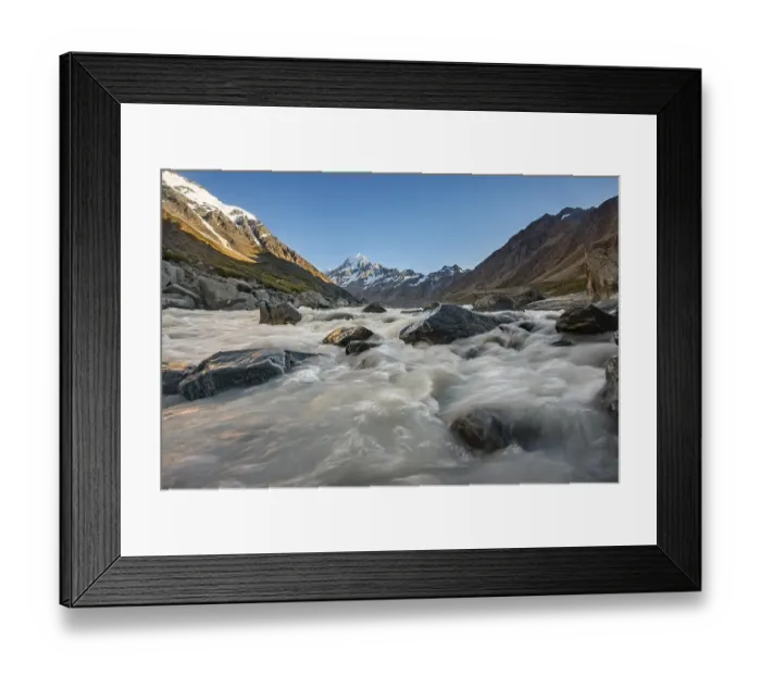 Framed Print : Hooker River in Hooker Valley with view of snow-capped Mount Cook