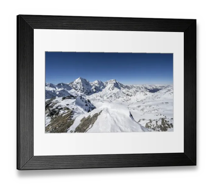 Framed Print : Mountain panorama with snow-covered mountain landscape in winter