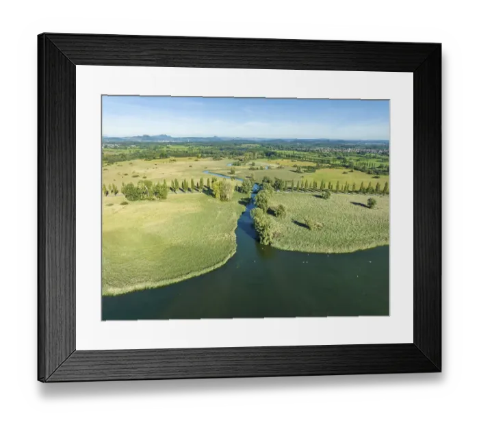 Framed Print : Aerial view of the Radolfzeller Aachried with the Radolfzeller Aach flowing into western Lake Constance