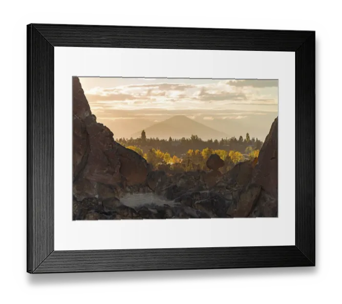 Framed Print : Sunset, view over rocks to Mount Mt Hood in the distance
