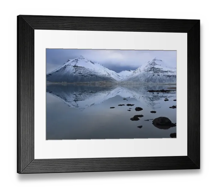 Framed Print : Volcanic mountains in winter with reflection in the water Framed Print : Volcanic mountains in winter with reflection in the water