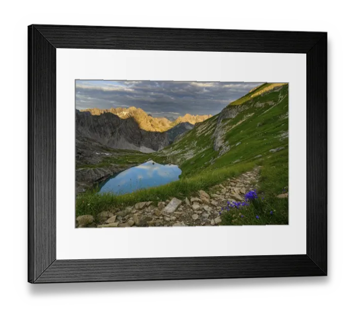 Framed Print : Mountain trail with Lake Guffelsee and Lechtal Alps in the morning light Gramais Framed Print : Mountain trail with Lake Guffelsee and Lechtal Alps in the morning light Gramais
