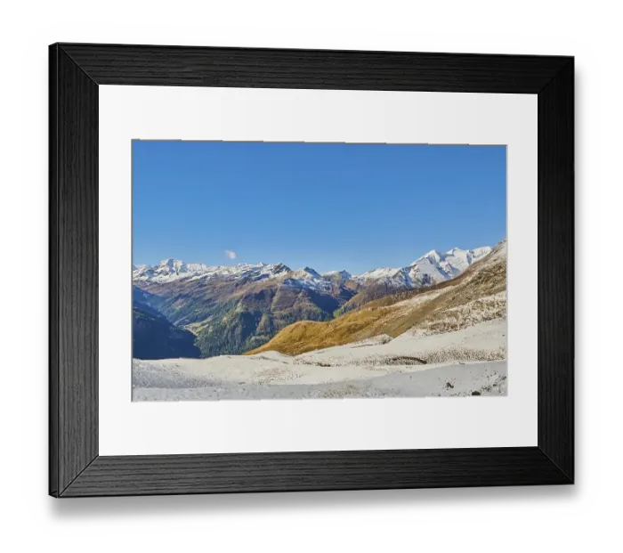 Framed Print : Snowy Mountains on a sunny day in autumn at Hochalpenstrasse