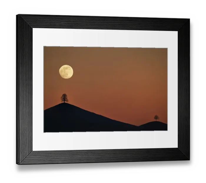 Framed Print : Double exposure, full moon before sunset with trees on moraine hill