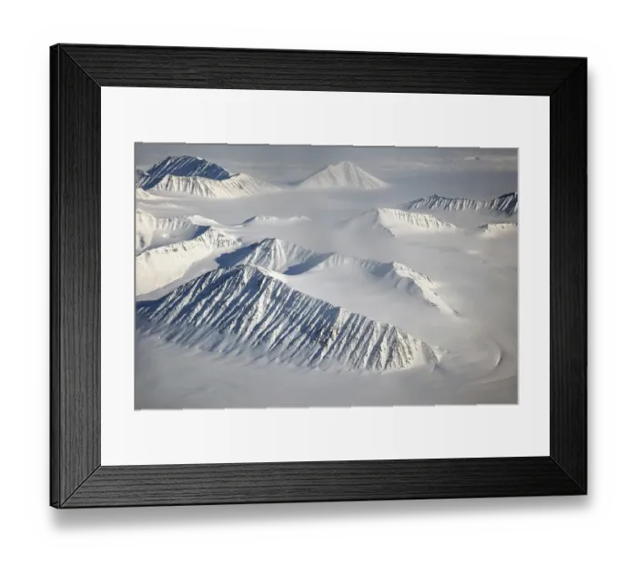 Framed Print : Arctic landscape, snow-covered mountain landscape with glacier Framed Print : Arctic landscape, snow-covered mountain landscape with glacier