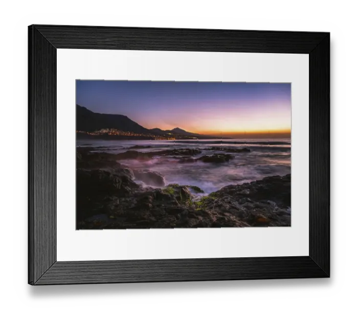 Framed Print : Rocky coast and sea at sunset, backlit place Bajamar and volcano Pico del Teide Framed Print : Rocky coast and sea at sunset, backlit place Bajamar and volcano Pico del Teide