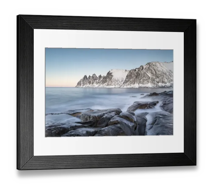 Framed Print : Icy coastal landscape on dusk, Tungeneset