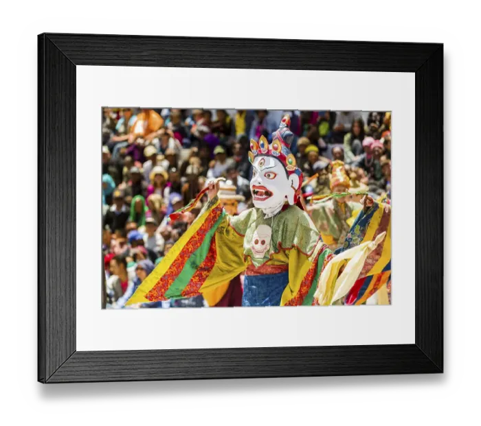 Framed Print : Monks with big wooden masks