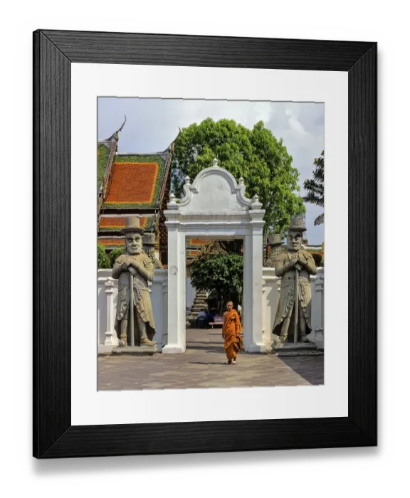 Framed Print : Temple guardians, sculptures, monk in the gate