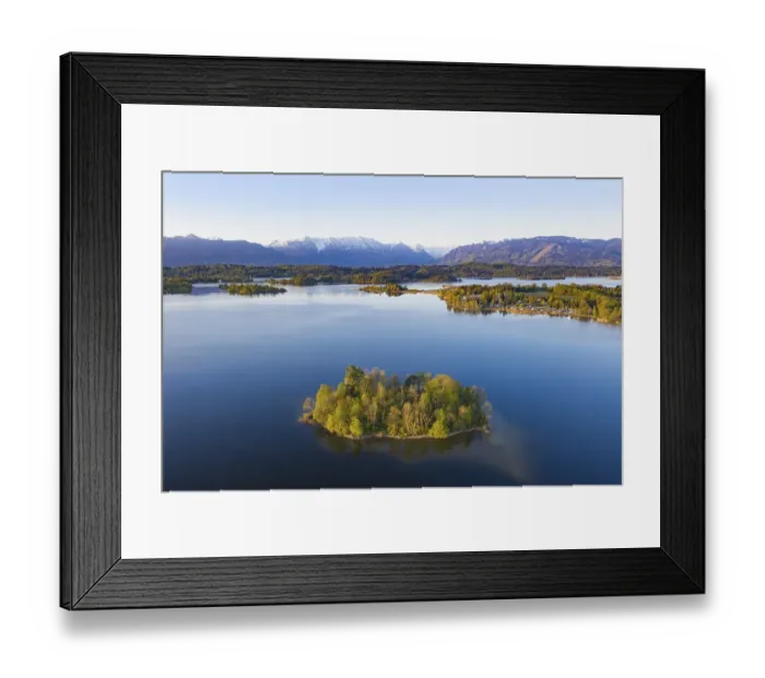 Framed Print : Lake Staffelsee with island Muehlwoerth and camping site Aichalehof Framed Print : Lake Staffelsee with island Muehlwoerth and camping site Aichalehof