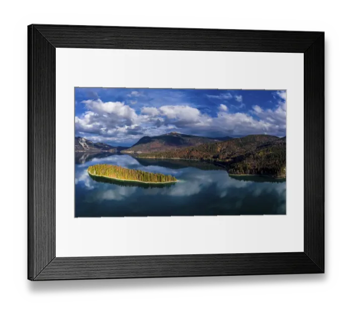 Framed Print : Drone shot, Sassau Island in Walchensee