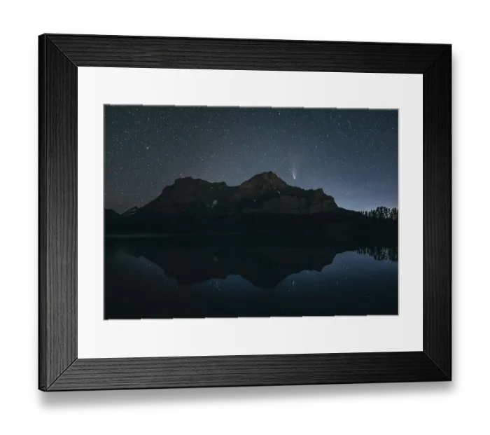 Framed Print : Night sky with stars over a mountain and its reflection in a calm lake
