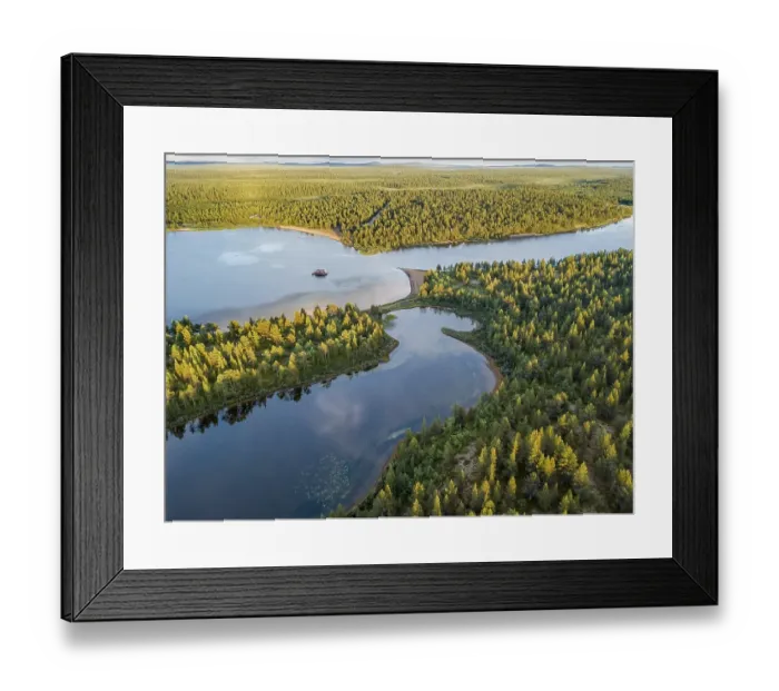 Framed Print : Drone view, aerial photo of floating house in Vuontisjaervi
