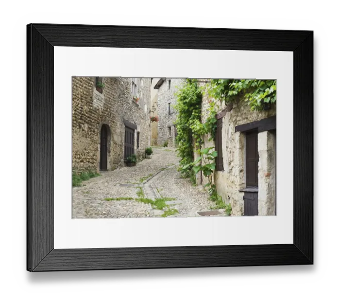 Framed Print : Cobblestone street, medieval walled town of Perouges