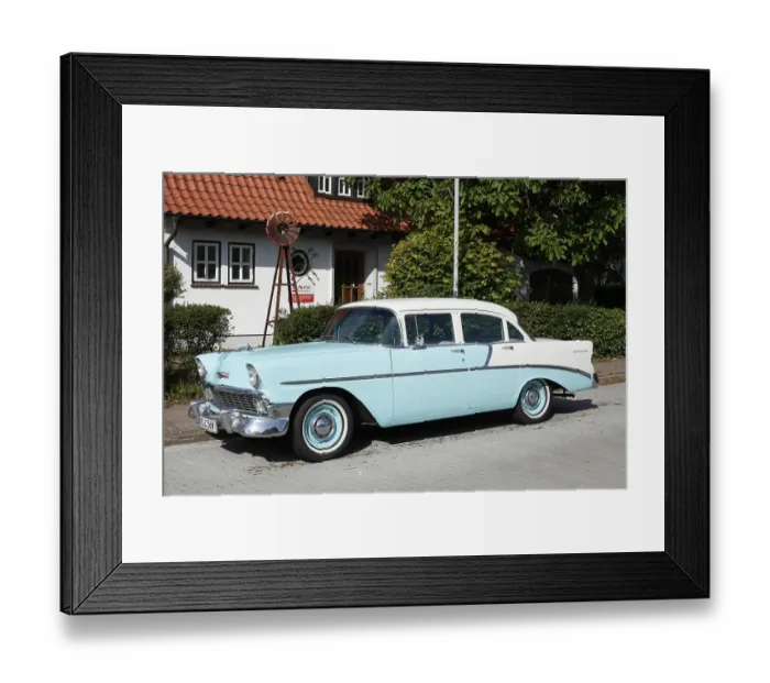 Framed Print : Blue vintage car Chevrolet Bel Air parked on the street