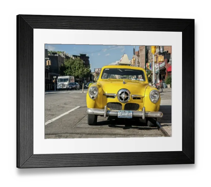 Framed Print : Studebaker Champion, Tacotaxi, Vintage Yellow Cab in front of the restaurant Caliente Cab