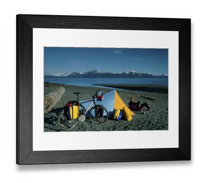 Framed Print : Man with tent and bike at Kachemak Bay Alaska
