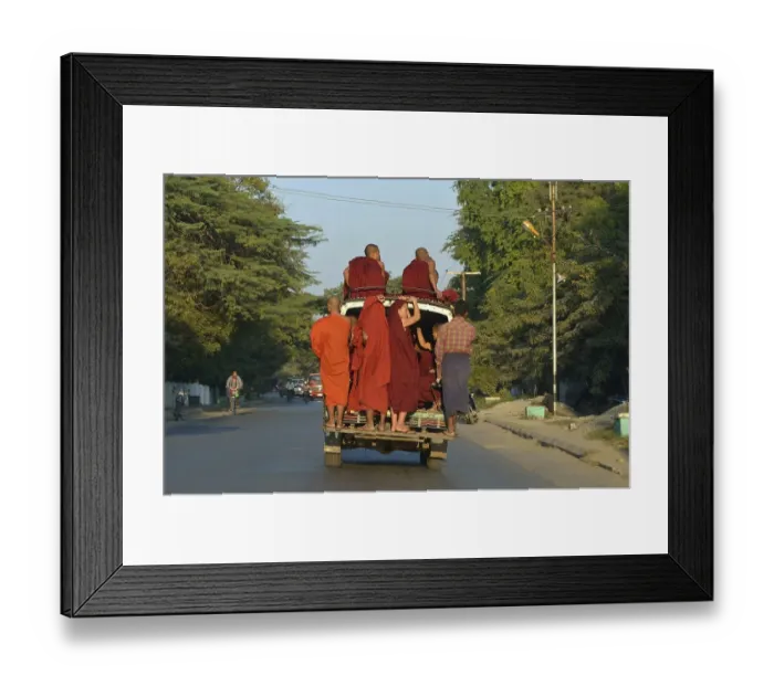 Framed Print : Monks on back of truck, Myanmar, Asia