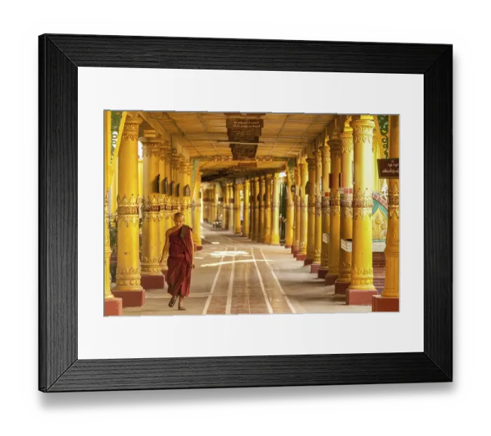 Framed Print : Buddhist student monk walking through portico