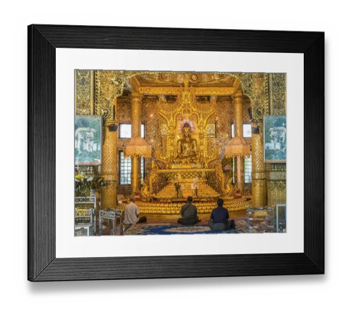 Framed Print : Locals praying, gilded sitting Buddha Framed Print : Locals praying, gilded sitting Buddha
