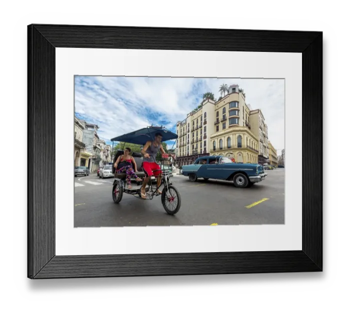 Framed Print : Classic car and bike rickshaw on the road junction at the Hotel Telegrafo Framed Print : Classic car and bike rickshaw on the road junction at the Hotel Telegrafo