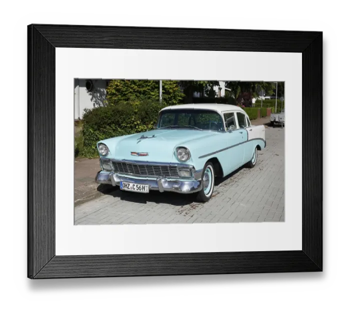 Framed Print : Blue vintage car Chevrolet Bel Air parked on the street